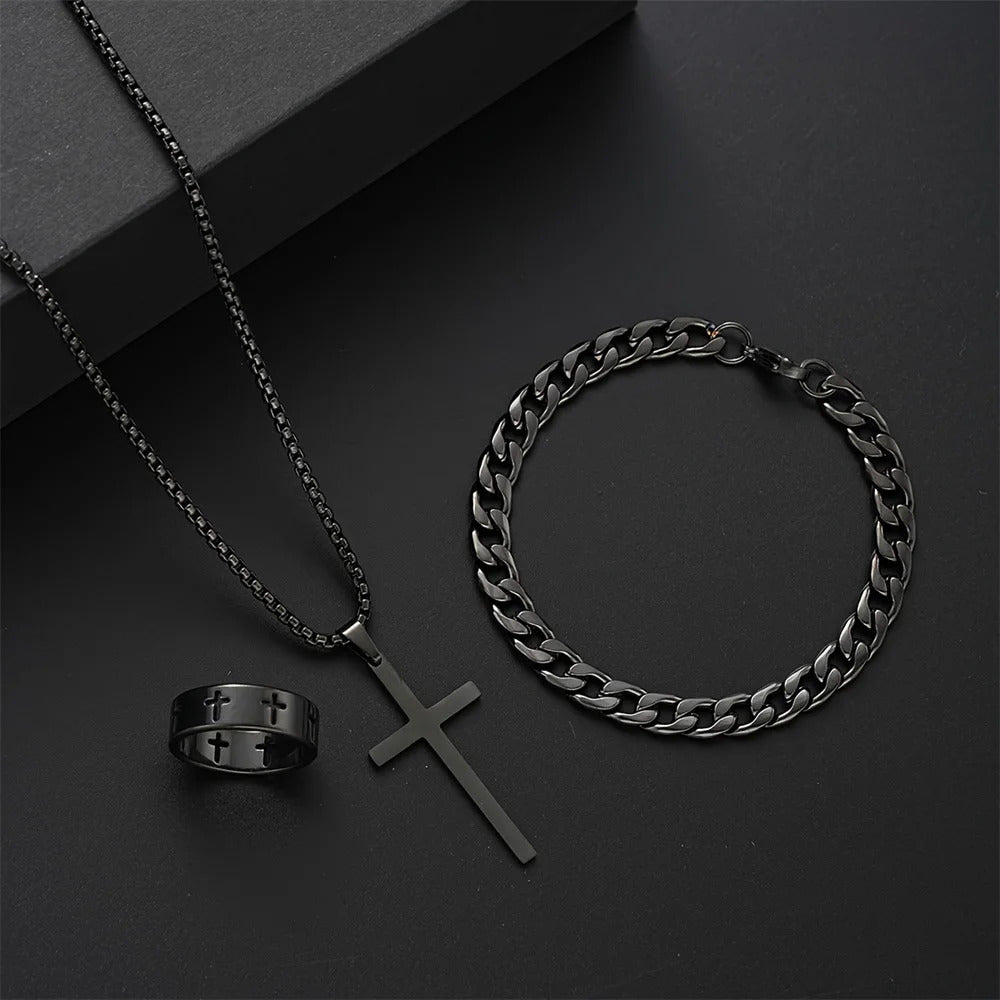 3pcs Set Men's Stainless Steel Metal Cross Pendant Chain Necklace Bracelet Ring Jewelry Set Male Hip Hop Daily Wear Accessories