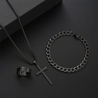 3pcs Set Men's Stainless Steel Metal Cross Pendant Chain Necklace Bracelet Ring Jewelry Set Male Hip Hop Daily Wear Accessories