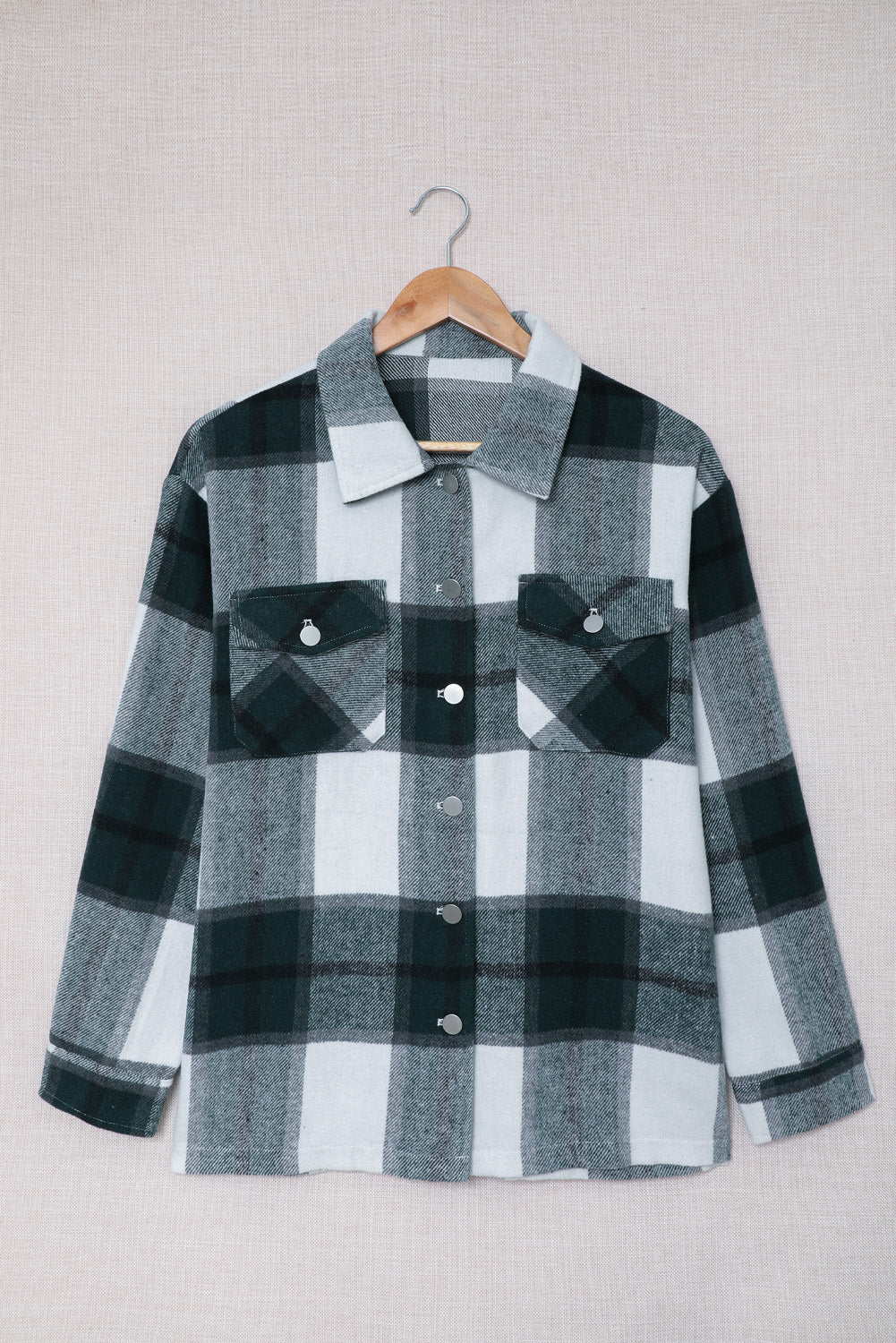 Green Plaid Print Buttoned Shirt Coat with Pocket