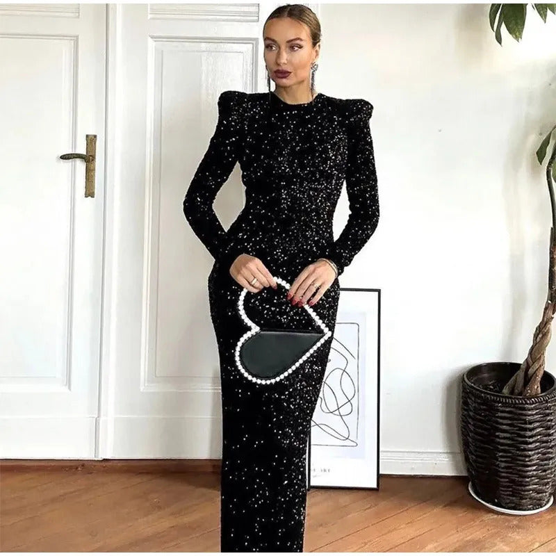 Chic Black Shiny Sequins Maxi Dress 2024 New Women O Neck Long Sleeve Party Gowns Female Autumn Elegant Evening Event Veatisos