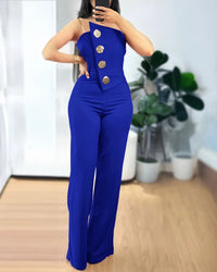 2024 Asymmetrical Bandeau Strapless Jumpsuit Metal Button Decor Casual Overalls