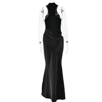 JULISSA MO Satin Sexy Hollow Out Women Maxi Dress Black Sleeveless High Waist Dress Female Autumn Skinny Elegant Party Clubwear