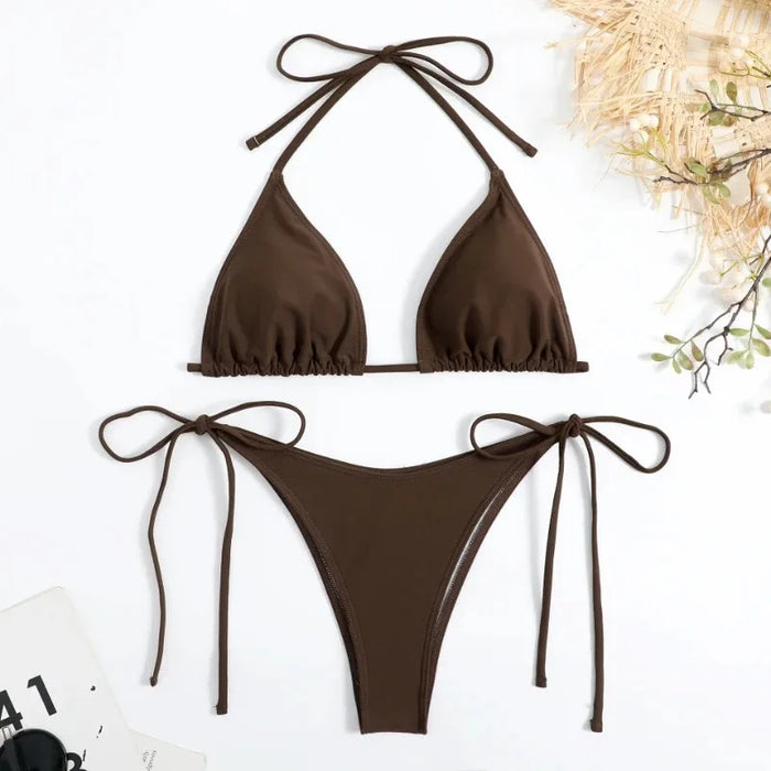 Sexy Women Thong Solid Color Bikini Set Side Halter Tie Swimsuit Ladies Split Strap Adjustable  Brazilian Swimwear Beachwear