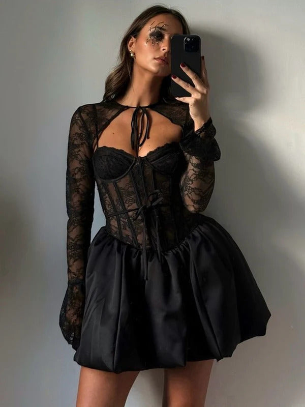 Mozision Black Lace Puffball Sexy Mini Dress For Women Fashion Lace-up Sheer Long Flare Sleeve High Waist Club Party Dress