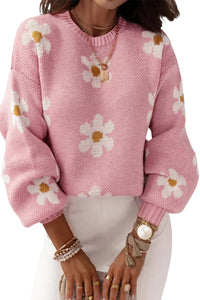 Pale Khaki Pink Floral Pattern Drop Shoulder Sweater