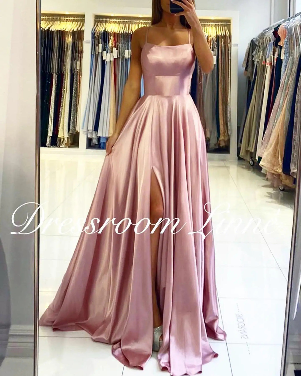 FATAPAESE Prom Dress Spandex satin Slit Side Dress A-LINE Scoop Stretch Slip Satin High Split Long Simple Evening Party