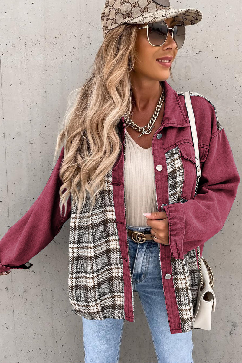 Fiery Red Plaid Patchwork Pockets Denim Jacket