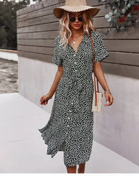 Summer Women Floral Print Dress Casual Short Sleeve Button Holiday Midi Dresses Female V-Neck Beach Boho Chic Dress Elegant Robe