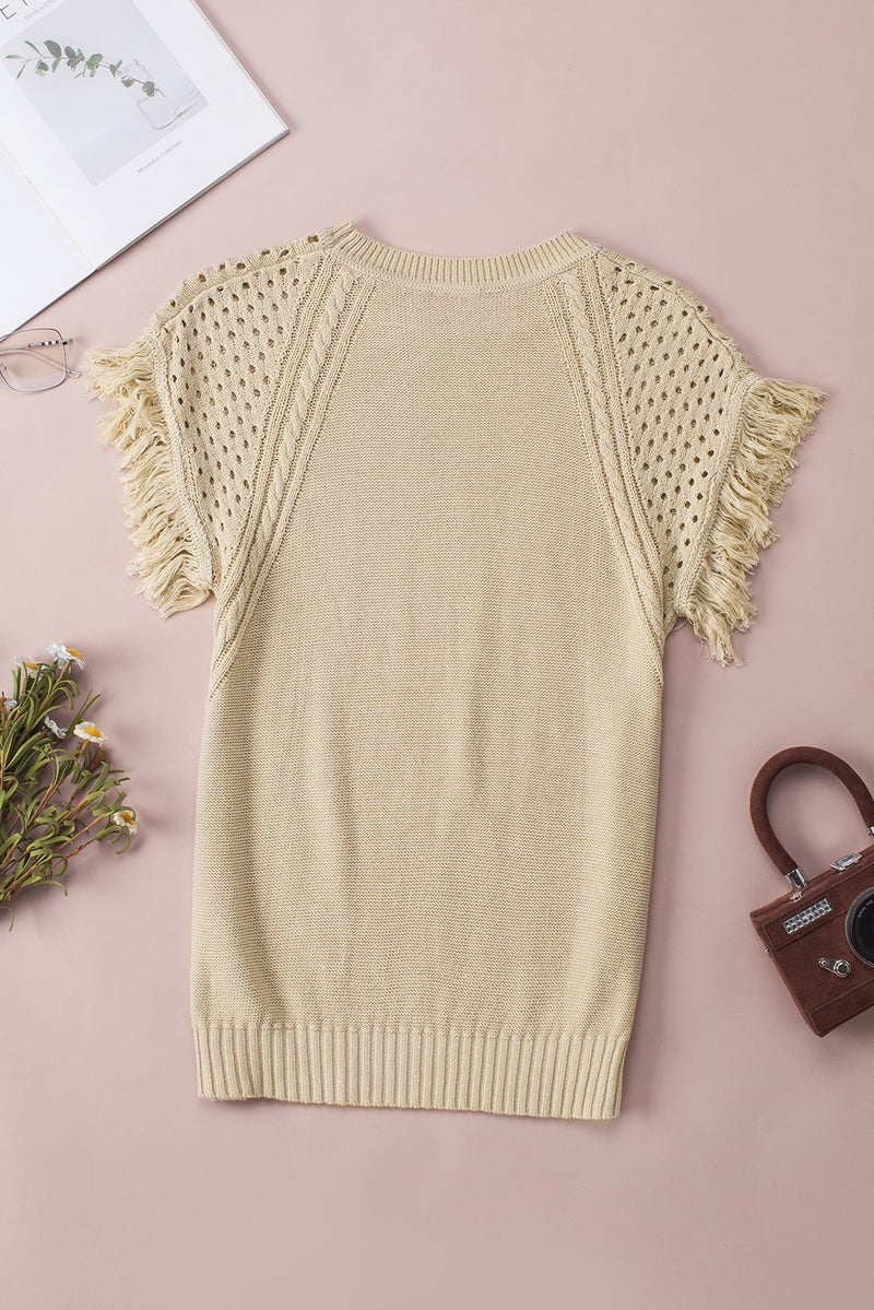 Apricot Fringed Hollow-out Short Sleeves Sweater