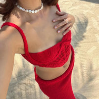 Knit Halter 2 Piece Suit Women Halter Sleeveless Backless Crop Tank Long Hip Package Skirt 2025 Vacation Lady Sets