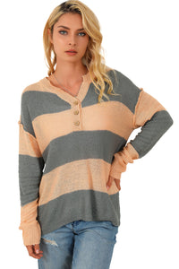 Khaki Striped Side Split Henley Sweater