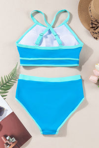 Blue Contrast Trim Crisscross Back High Waisted Bikini