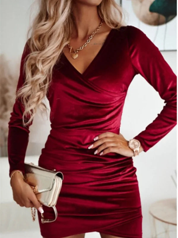 Sexy Red V-Neck Long Sleeve Dress Women's Slim Mini Dresses Elegant Party Date Autumn Dress Robe