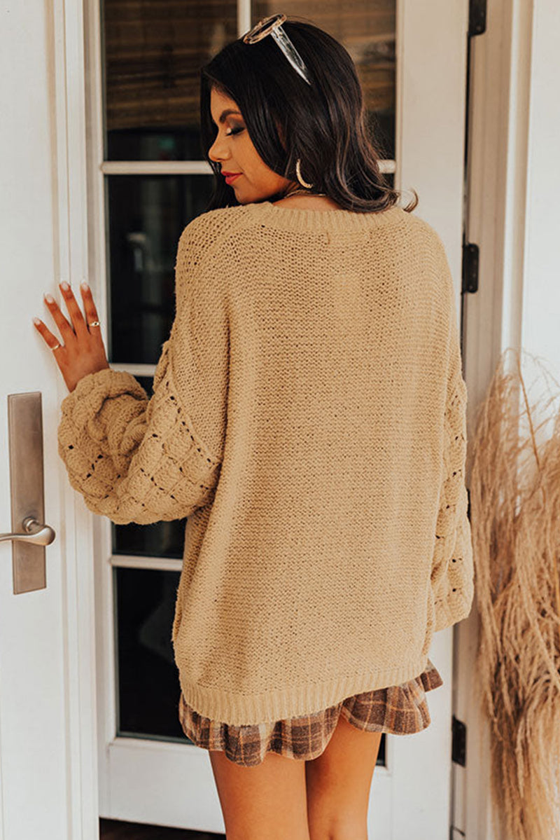 Khaki Hollowed Bubble Sleeve Knit Sweater