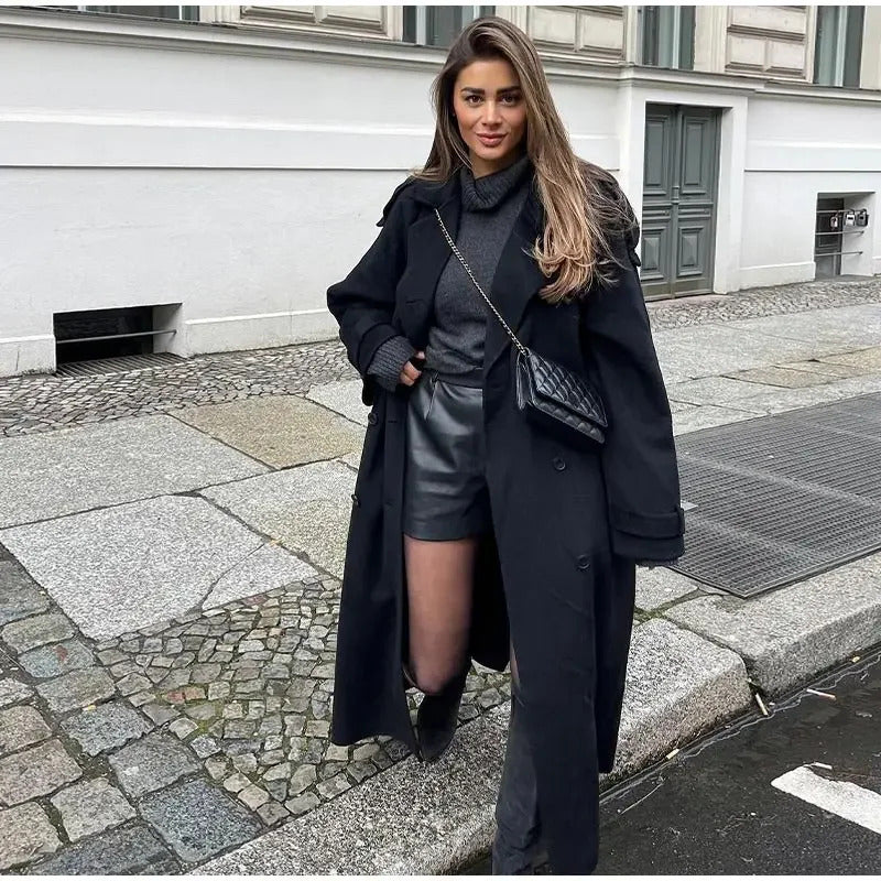 Elegant With Belt Black Long Coat For Women Oversize Woolen Double Button Lapel Overcoat Autumn New Lady High Street Outerwear