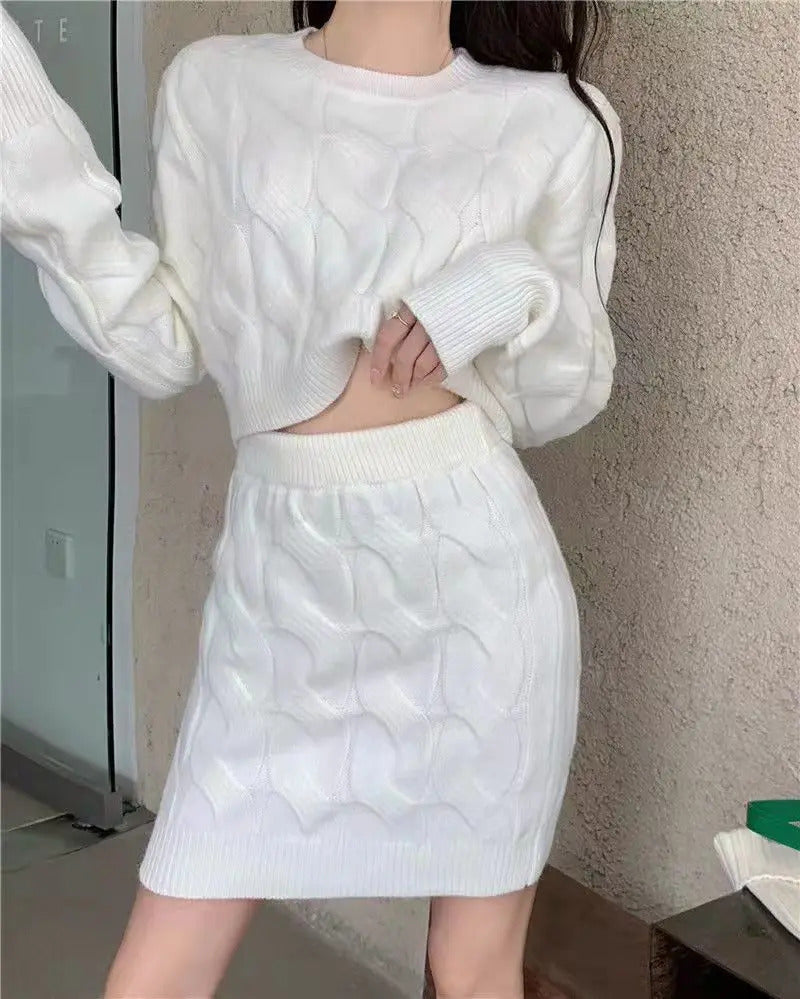 Two Piece OF Pullover Autumn/Winter Knitted Sweater Set Pure Desire Short Sweater Sexy Spicy Girl Arm Wrap Skirt Sweater Female