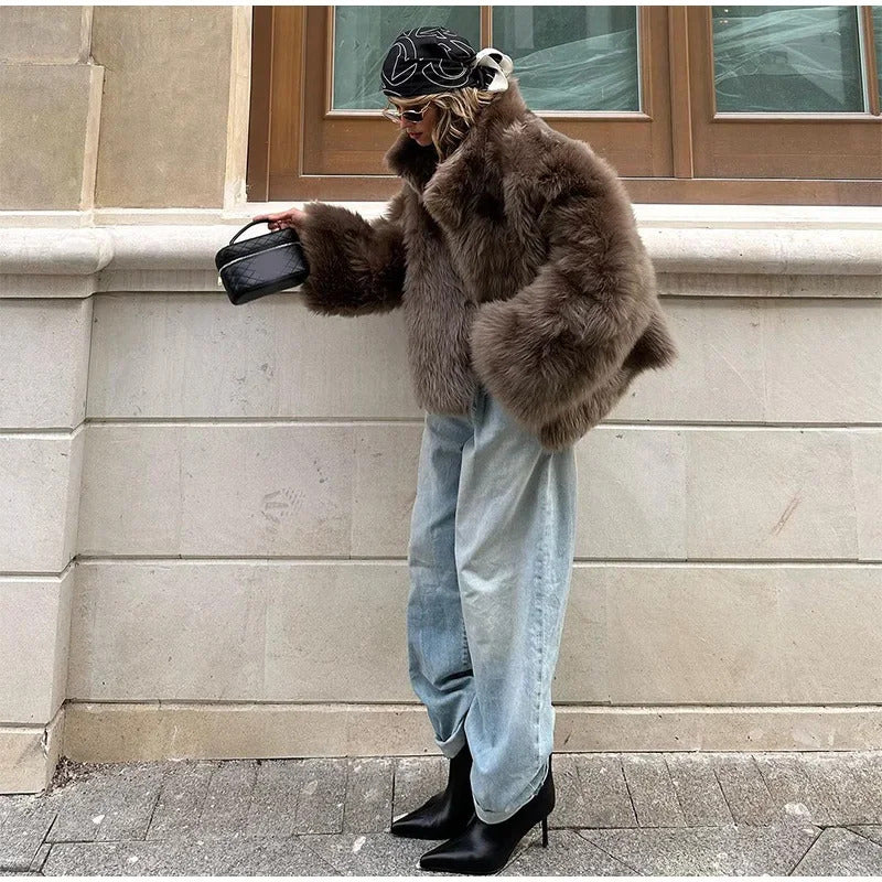 Lapel Brown Women Short Faux Fur Coat Luxurious Fluffy Long Sleeve Warm Jacket 2024 Autumn Winter Lady Solid High Street Outwear