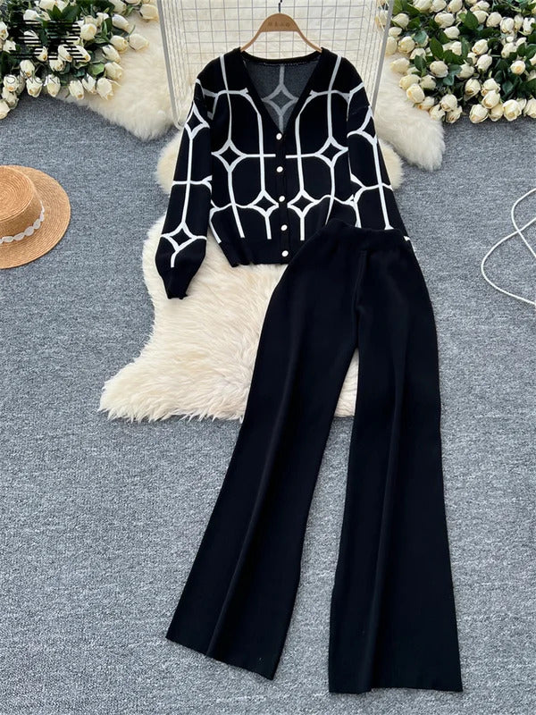 SINGREINY Basics Print Knit Two Pieces Sets Autumn Winter Single Breasted Cardigan+Wide Leg Long Pants Fashion Streetwear Suits