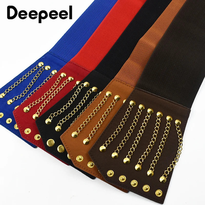 Deepeel 64cm PUNK Women's Corset Wide Belt Woman Cummerbunds Elastic Belts Chain Rivet Waistband Female Dress Coat Accessories