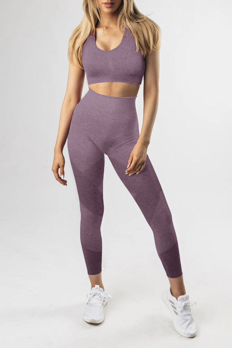 Purple Criss Cross Bra and High Waist Leggings Sports Wear