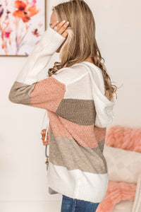 Pink Color Block Knitted Drawstring Hooded Sweater