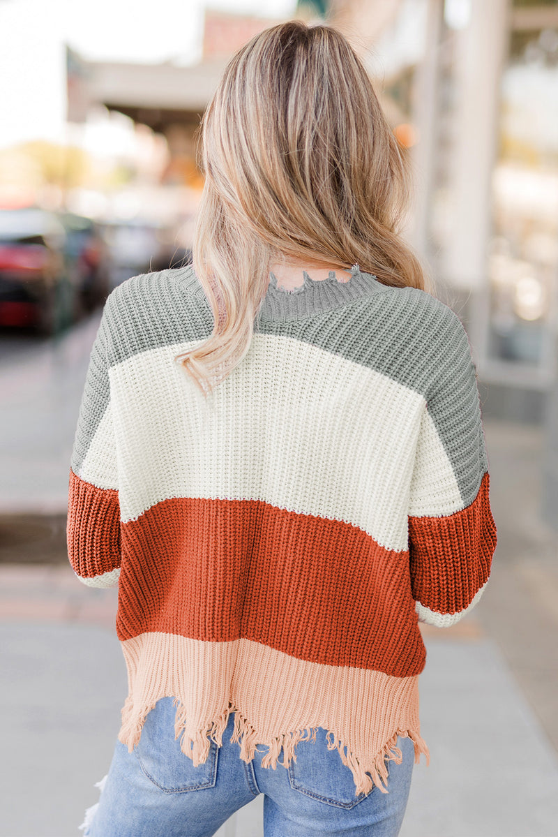 Gray Colorblock Distressed Sweater