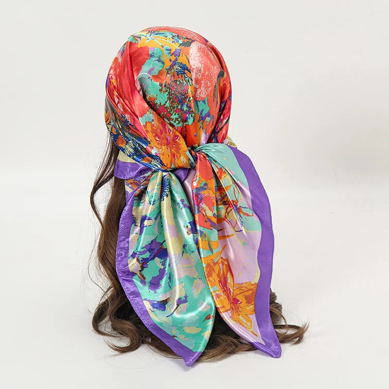 Satin Square Scarf Women Muslim Hijab Elegant 2023 Print Silk Neckerchief Shawl Wraps Headband Handle Hair Accessories Bandana