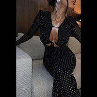 Sexy Cut Out Mesh Long Sleeve Bodycon Maxi Dress Women Glitter Lace Up Party Vestido 2023 Spring Fall Elegant Birthday Clothes