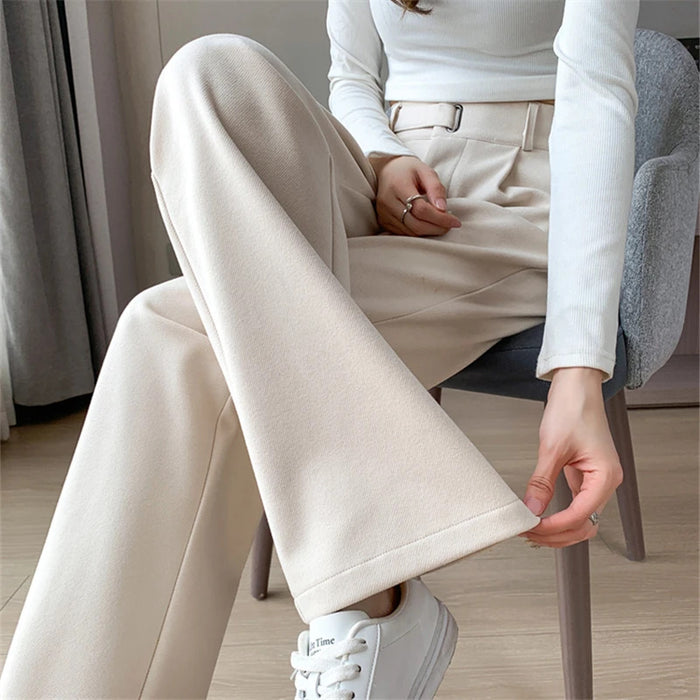 Seoulish Autumn Winter Thicken Woolen Casual Loose Full Length Pants 2023 New Button High Waist Chic Wide Leg Trousers Female