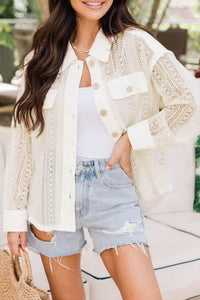 Beige Lace See-through Button Collared Shacket