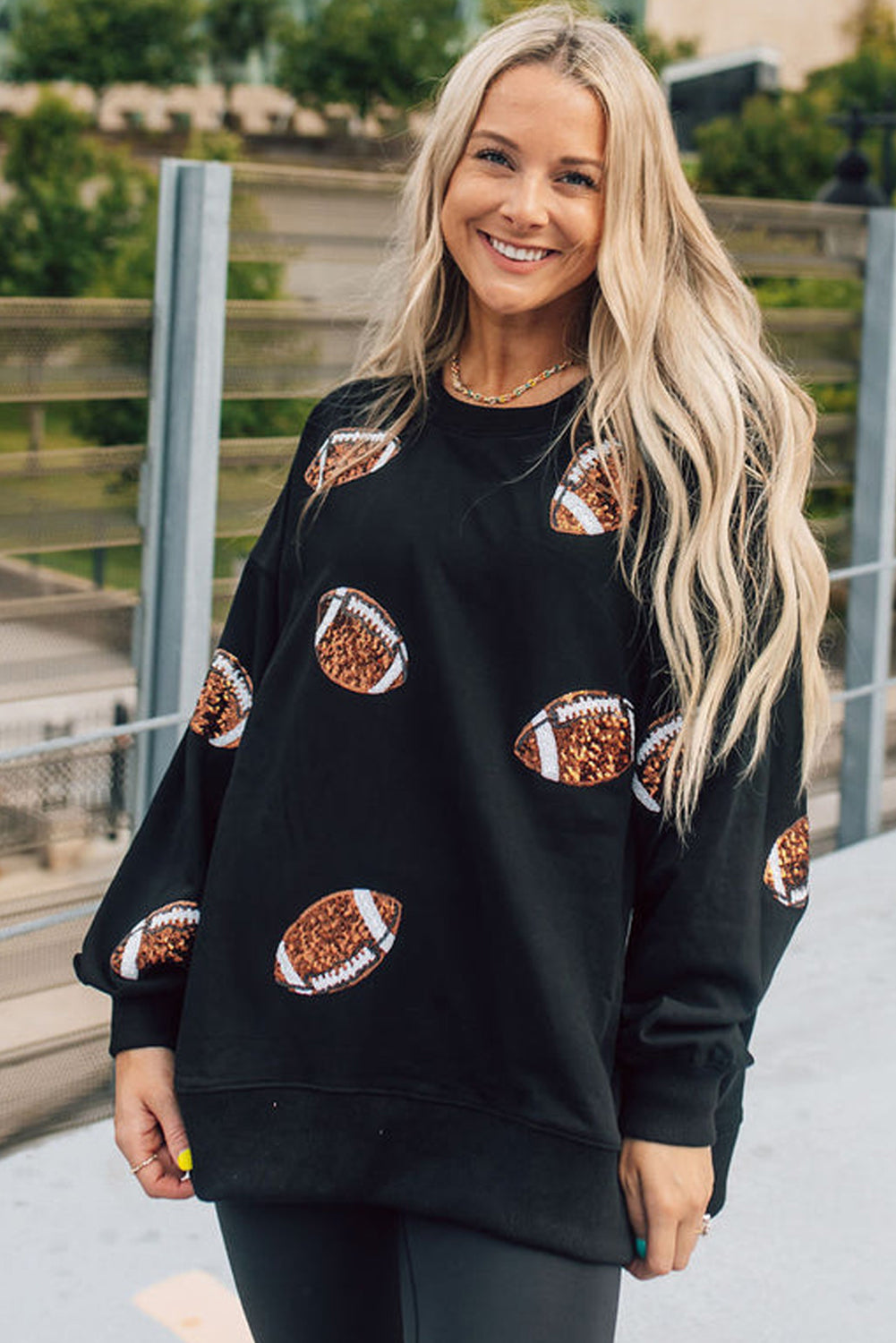 Black Sequin Rugby Graphic Pullover Sweatshirt