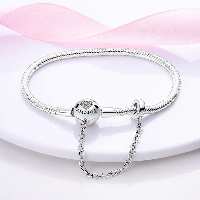 Original Bracelets 925 Silver 17-20CM Heart Safety 3mm Chain Snake Bone Bracelet Fit DIY Charms Bead Birthday Jewelry Gifts