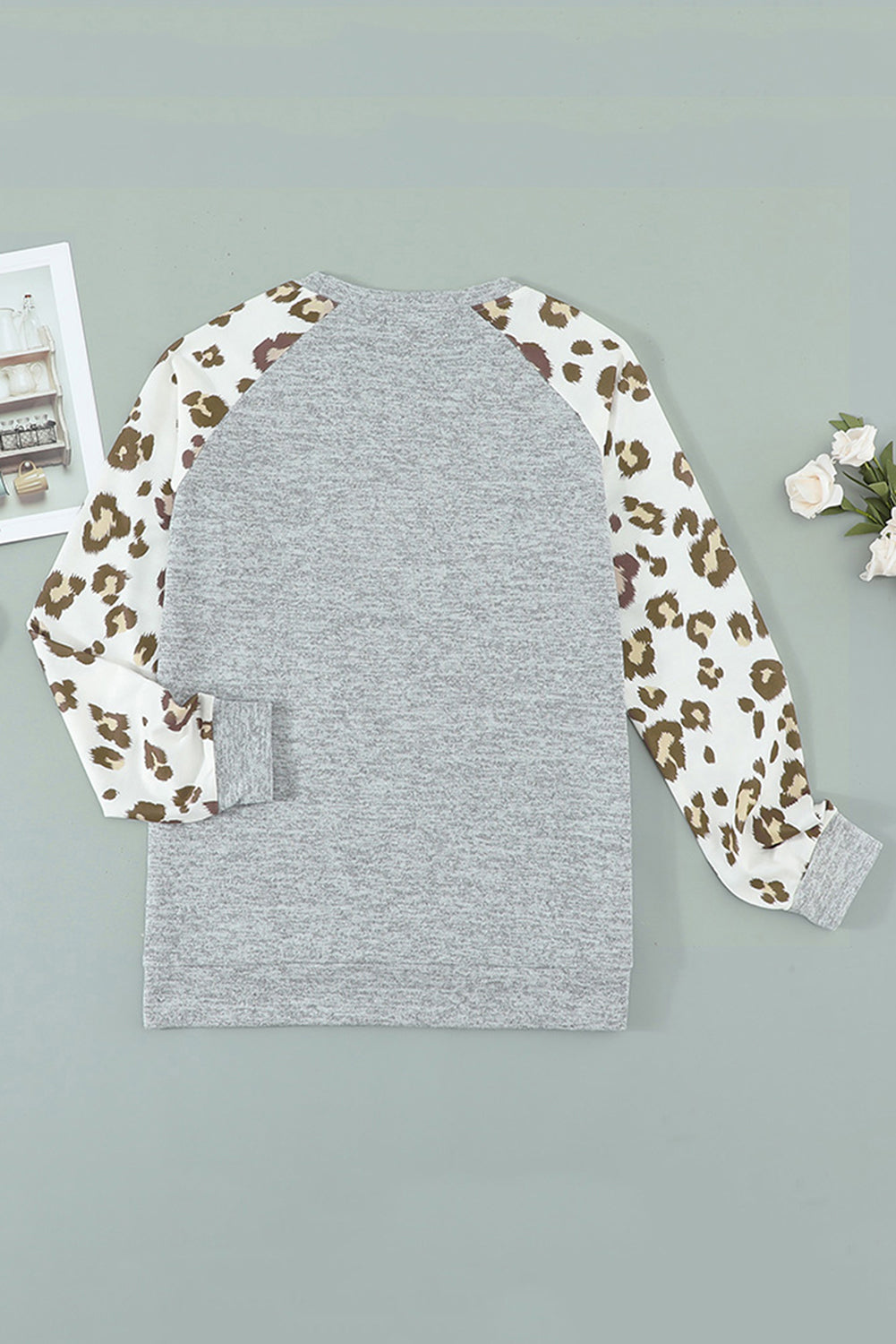 Blank Apparel - Gray Round Neck Leopard Long Sleeve Top