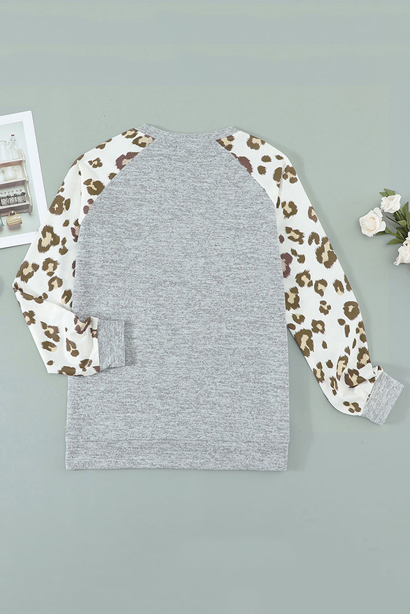 Blank Apparel - Gray Round Neck Leopard Long Sleeve Top