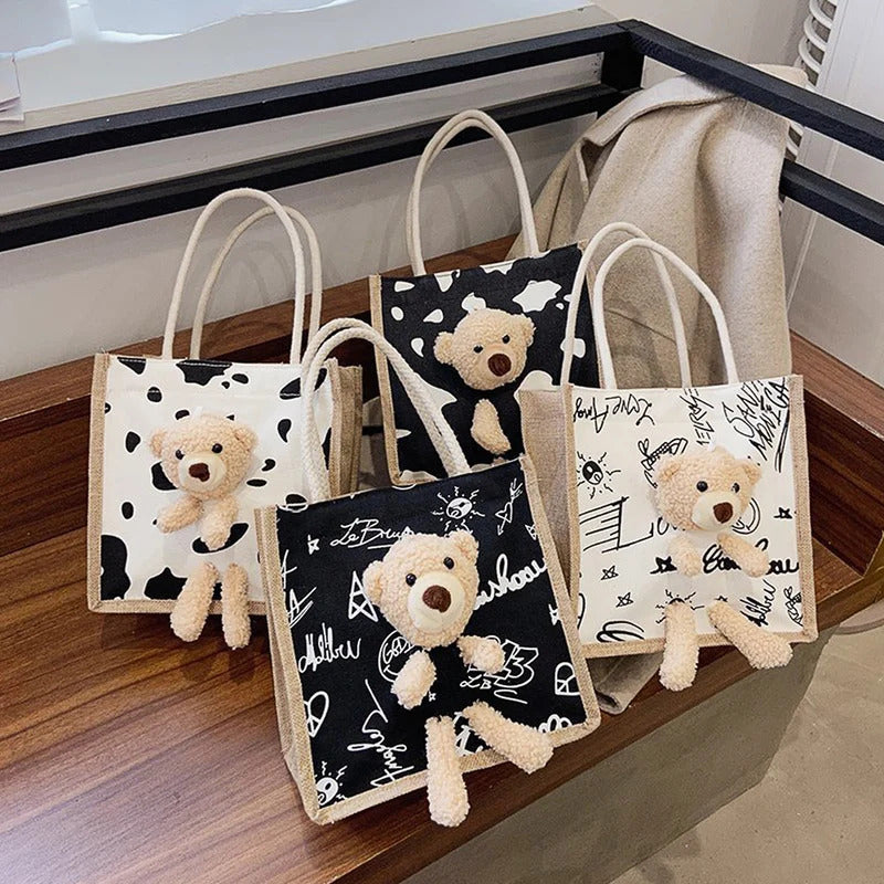 Cute Bear Tote Bag Canvas Girls Bag Student Coin Purse Gift Bag Simple Fashion Canvas Bag Canvas Bag Hand Shopping Tote Bag-ll