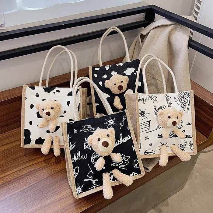 Cute Bear Tote Bag Canvas Girls Bag Student Coin Purse Gift Bag Simple Fashion Canvas Bag Canvas Bag Hand Shopping Tote Bag-ll