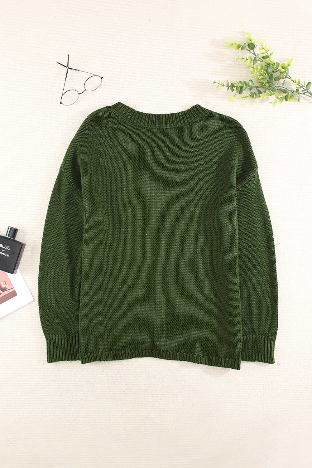 Green Oversize Knitted Drop-shoulder Sleeve Sweater