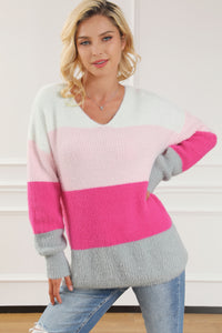 Striped Color Block Fuzzy V Neck Sweater