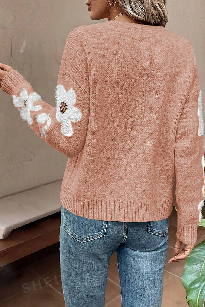 Light Pink Flower Sleeve Drop Shoulder Sweater