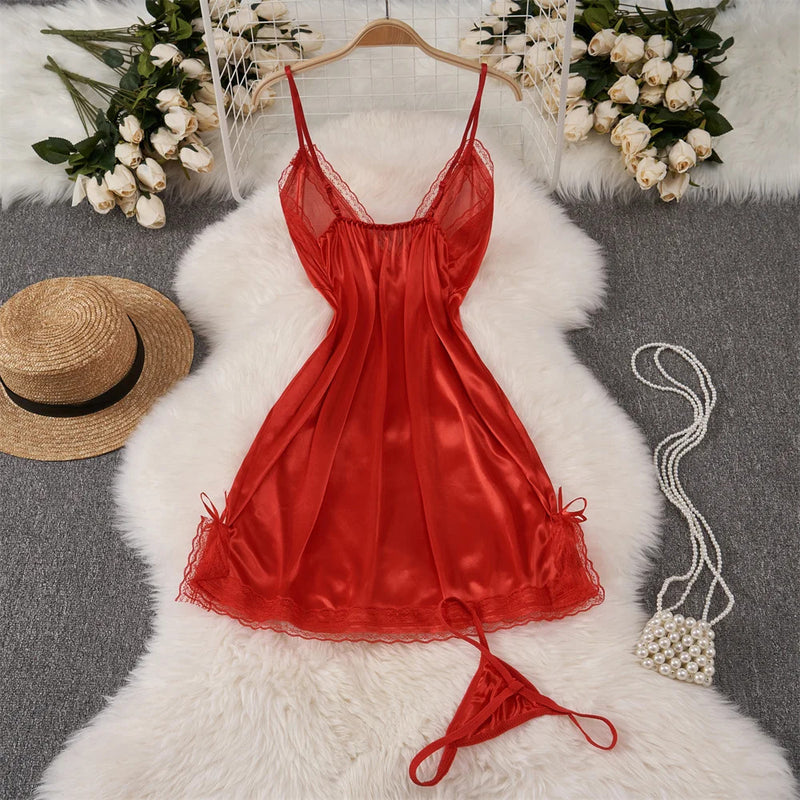 Deep V-neck Slim Fit High Waist Strap Dress Lace Patchwork Satin Sleepwear Sexy Elegant Retro Sleepdress Sleepwear Women Pajama