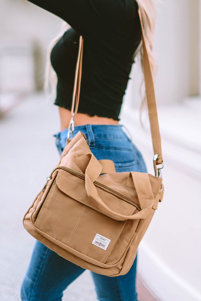 Light French Beige Multi Pockets Zipped Large Canvas Shoulder Bag