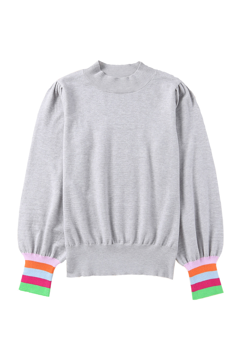 Gray Crew Neck Colorful Striped Cuffs Puff Sleeves Sweater