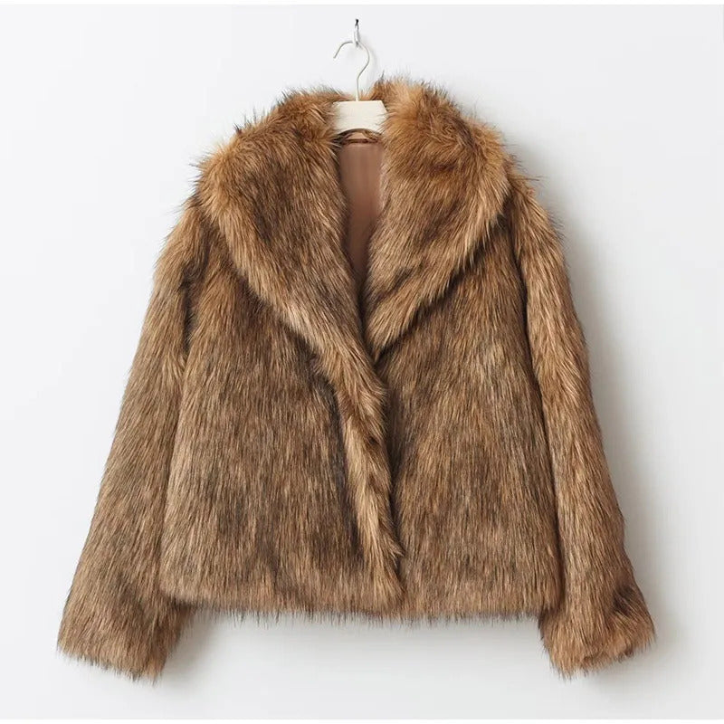 Elegant Solid Furry Plush Faux Fur Jackets For Women Casual Loose Thicken Warm Fluffy Coats 2024 Lady Commute High Streetwears