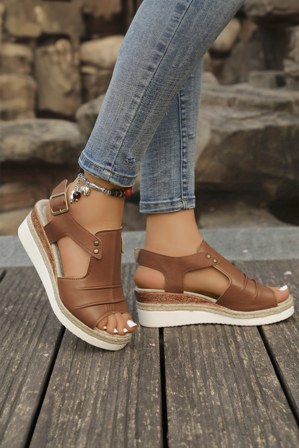 Chestnut Pleated Leather Cut Out Wedge Sandals