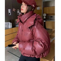 Women's Leather Down Cotton Jacket 2025 Versatile Hooded Lady Winter Parka Coat Fashion Student Ladies Cotton Padded Outerwear