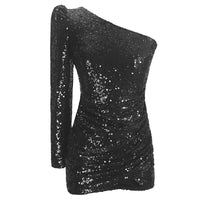 Women's One Shoulder Dress Shiny Sequined Formal Evening Dress Fashion Sexy V-Neck Bodycon Cocktail Party Dresses Xiny2