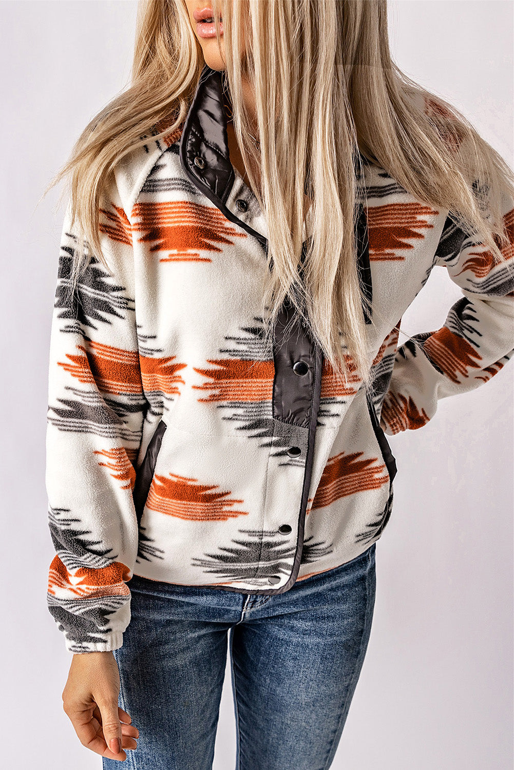 Multicolour Western Aztec Snap Buttoned Fleece Jacket