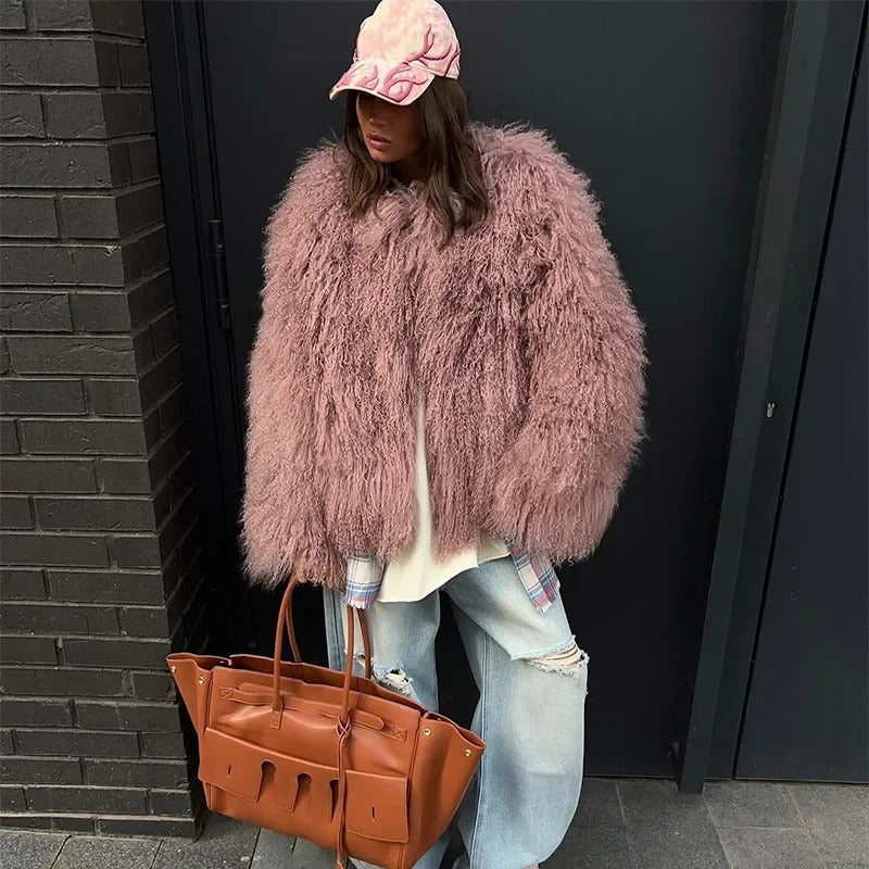 Burgundy Fluffy Faux Fur Warm Short Coat Lady Elegant Round Neck Long Sleeve Cardigan Jacket 2024 Women Winter Street Outerwear