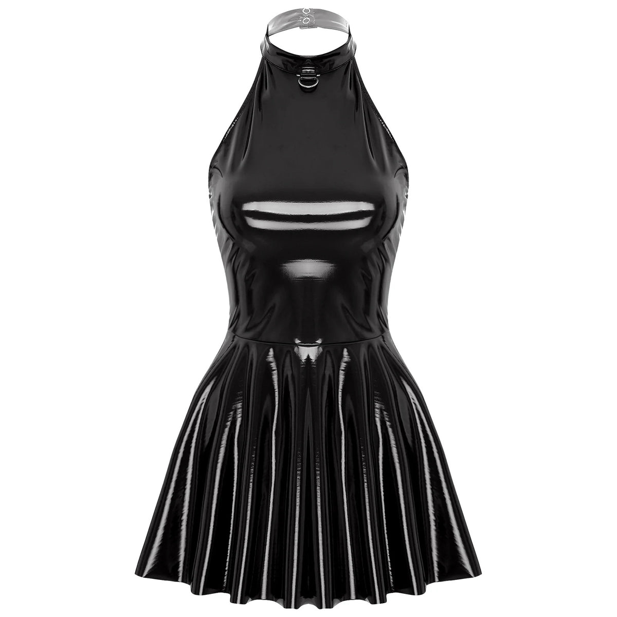 Womens Latex Swing Skirt Disco Dress Glossy Patent Leather Clubwear Halter Sleeveless Skater Mini Dress Rave Party Clubwear