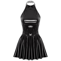 Womens Latex Swing Skirt Disco Dress Glossy Patent Leather Clubwear Halter Sleeveless Skater Mini Dress Rave Party Clubwear